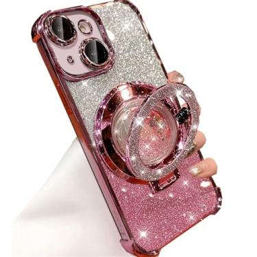 Imagem de Changjia Capa com suporte líquido com glitter para iPhone 15 Plus, linda capa de luxo brilhante com protetor de lente de câmera, anel fluido, suporte, revestimento de TPU (poliuretano termoplástico),