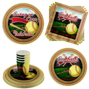 Imagem de Conjunto de utensílios de mesa de 64 peças para festa de aniversário de softball, inclui pratos de papel grandes de 23 cm, pratos de sobremesa, copos e guardanapos, kit para 16