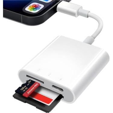 Imagem de Kristen Leitor de cartão SD para iPhone, leitor de cartão quadrado, adaptador de cartão de memória, leitor de micro cartão, 2 em 1, visualizador de câmera de trilha Plug and Play, com compartimento