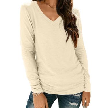 Imagem de AUTOMET Camisetas femininas de manga comprida, gola V, casual, soltas, elegantes, básicas, roupas modernas, roupas de inverno, Creme, GG