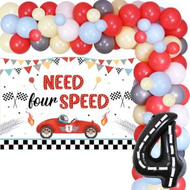 Imagem de JOYMEMO Need Four Speed Birthday Decorations Boys - Racing Car Balloons Arch Garland Kit with Need Four Speed Backdrop, Racetrack Number 4 Race Car Checkered Balloons for Race Car 4th Birthday Party