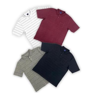 Imagem de KIT Masculino 4 Peças  - Camisa Polo Listrada Vinho, Cinza e Preto e B