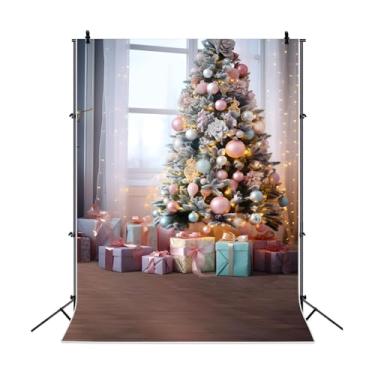 Imagem de OFILA Pano de fundo de Natal para fotografia 1,5 x 2,1 m, janela de Natal, caixa de presente de árvore de Natal, decoração de festa de ano novo, faixa para decoração de festa de retratos de crianças,