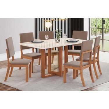 Imagem de Conjunto: Mesa Sala Jantar Natalí c/ Tampo Madeirado c/ Vidro Curvo 160x90cm e 6 Cadeiras Milla Nature/Suede Light Marrom Amêndoa - Henn