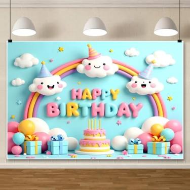 Imagem de ChloropLastid 2,1 x 1,5 m colorido arco-íris cenário de aniversário nuvens brancas bolo fofo balão presente fotografia fundo azul rosa menino chá de bebê festa de aniversário decoração de bolo