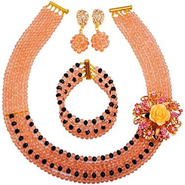 Imagem de Conjunto de joias com miçangas nigerianas aczuv 5 fileiras, colar e brincos de cristal com contas de casamento africanas 18 inches first layer