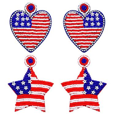 Imagem de 2 pares de brincos patrióticos de 4 de julho para mulheres com letras de contas e brincos pendentes dos EUA Dia da independência joias presente, Miçangas, Strass