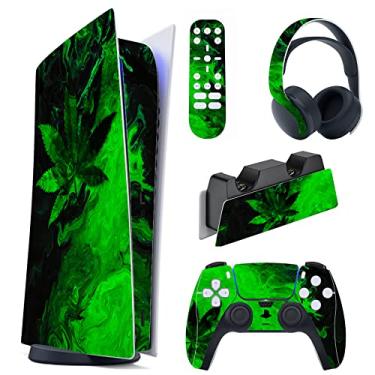 Imagem de PlayVital Conjunto completo de decalque de folha verde para console ps5 edição digital, adesivo de vinil para controle ps5, estação de carregamento, fone de ouvido e controle remoto de mídia