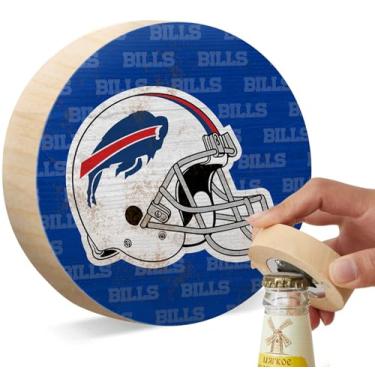 Imagem de Malogtan Abridor de garrafas para fãs de esportes de futebol, abridores magnéticos de cerveja, design de madeira azul e branco com ímã para geladeira doméstica, bar, cozinha