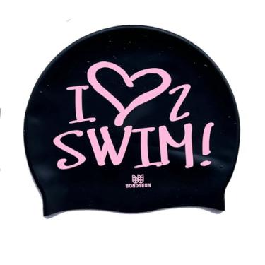 Imagem de BONDYUEN Touca de natação para crianças, meninos, meninas, homens, mulheres, com cabelo curto ou médio, divertida, design fofo, bonés de natação de silicone