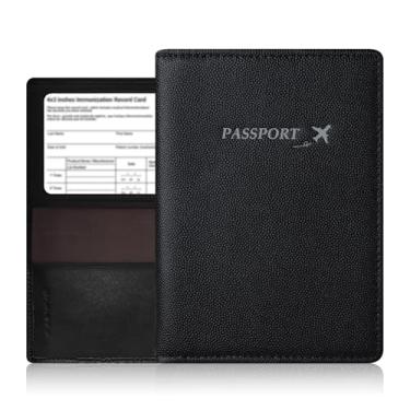 Imagem de Capa de couro genuíno para passaporte, carteira para mulheres e homens, capa ultrafina para passaporte com compartimento para cartão de vacina, suporte de passaporte com bloqueio de RFID, G - preto,