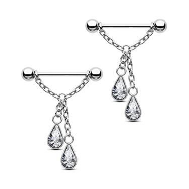 Imagem de CM Crareesi Mania Anel de mamilo de aço inoxidável 316L anéis de corrente de mamilo 14G pingente de piercing de mamilo de prata halteres para mulheres, Metal, Zircônia cúbica