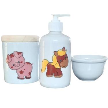Imagem de Kit higiene bebê Animais fazenda 3 peças - pote, porta álcool e molhad