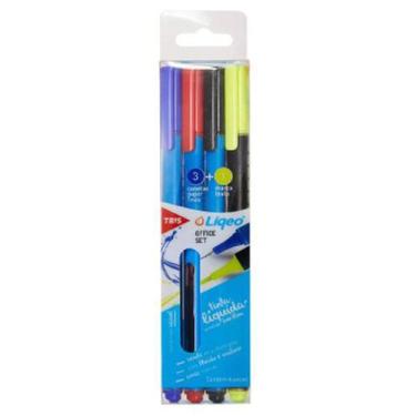 Imagem de Kit Caneta Liqeo Office Set Super Fina com 3 Cores + 1 Marca Texto Tri