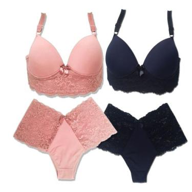 Imagem de Kit 2 Conjunto Plus Size Reforçado Sutiã com Bojo e calcinha cintura a