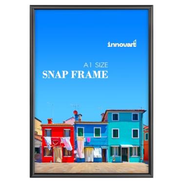 Imagem de INNOVART Moldura preta de alumínio para pôster 61 x 83 cm, moldura frontal com película protetora de PVC para tamanho A1, moldura de metal para montagem na parede, perfil de exibição de alumínio fácil