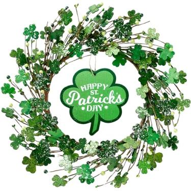 Imagem de Sggvecsy 19" St. Patrick'S Day Shamrocks Wreath Para Porta Da Frente Com Luzes Placa De Madeira Bagas Verdes Artificial Handmade Wood Clover Wreath Para Decoração De Parede Do Dia De St. Patrick Irl