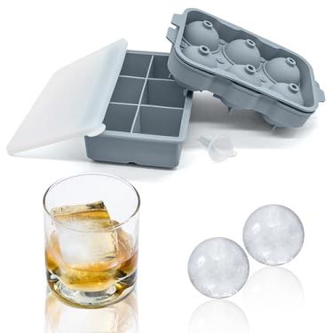 Imagem de Hanari Bandeja de silicone para cubos de gelo, 2 unidades, formas quadradas grandes de cubos de gelo com funil de tampa, máquina de gelo de uísque artesanal grande para coquetéis, café, bourbon,