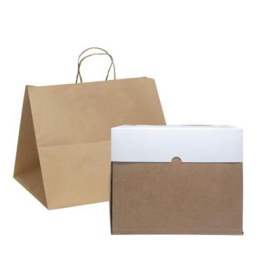 Imagem de Kit Embalagem para Bolo - Caixa com visor 25x 25x 20 + Sacola de Papel