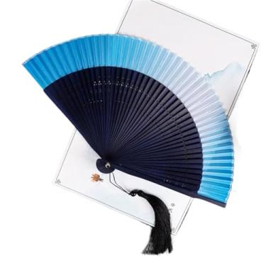 Imagem de Ventilador de mão dobrável 1 peça estilo chinês luxo borla leques dobráveis antigo brilhante gradiente cor esculpida ventilador de bambu nupcial Hanfu fotografia ventilador de mão ventilador dobrável
