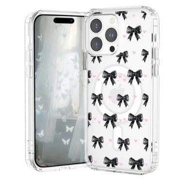 Imagem de VibrantFruitique Capa magnética transparente para iPhone 16 Pro Max, capa protetora Y2k com laço de fita preta, compatível com MagSafe, capa à prova de choque de TPU macio com anel magnético integrado