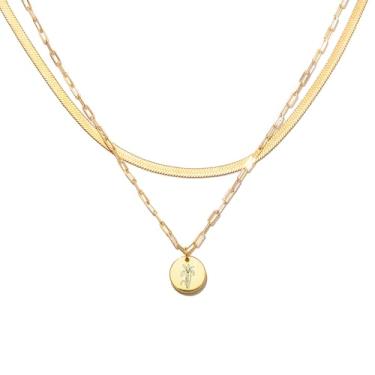 Imagem de História joias mês de nascimento flor colar em camadas para mulheres meninas, banhado a ouro gravado em camadas conjunto de colar com pingente para mulheres, dia das mães aniversário presentes de natal, Metal, Sem Pedra Preciosa