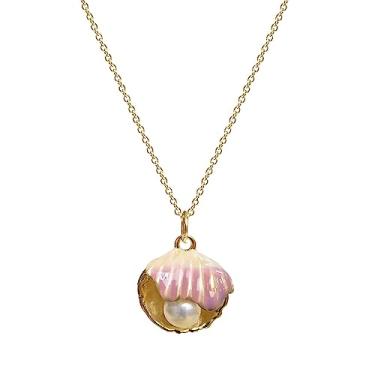 Imagem de Colar com pingente de concha para mulheres, colar com pingente de pérola verde pequena esmaltada moderna, colar de concha dourado para meninas adolescentes, joias de sereia de praia para mulheres boêmias, clam shell pendant is about 0.6'' × 0.43'', Cobre, Sem Pedra Preciosa