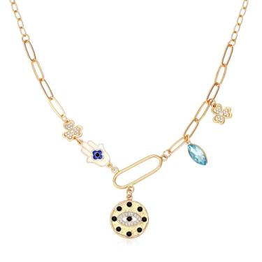 Imagem de MISS RIGHT Colar dourado delicado com pingente de moeda de mão hamsa olho turco para mulheres meninas moderno vintage clipe de papel corrente sol lua trevo flor pingente grosso colar joias presentes,