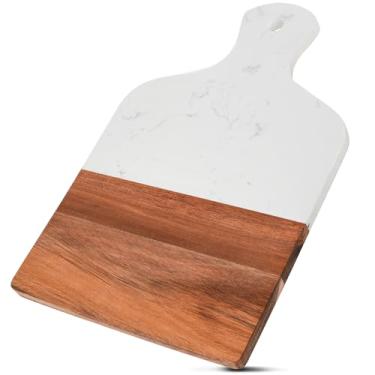 Imagem de Coloch Tábua de corte de madeira de mármore e acácia, tábua de queijo branco com alça, bandeja de tábua de servir sólida para queijo, carne, bife, frutas, pão, 33 x 21 cm