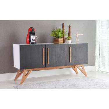 Imagem de Balcão Buffet Para Sala De Jantar Mdf Branco Pés Jatobá 3 Portas Preta