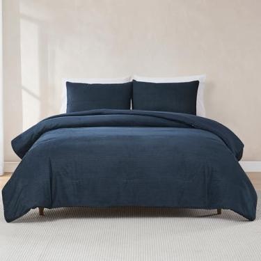 Imagem de Lush Decor Arden Conjunto de 3 peças de veludo cotelê canelado casal/Queen azul-marinho - Conjunto de cama azul - edredom de veludo macio - roupa de cama para adolescentes - decoração retrô