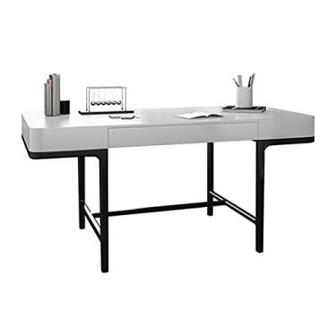 Imagem de Mesa de computador, mesa de escritório em casa, moderna, simples, mesa de estudo com gaveta, luz, móveis de madeira, sala de estudo, estação de trabalho, cinza/branca (branco 1,5 metro)