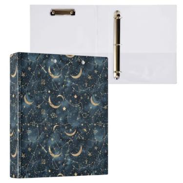 Imagem de Fichário de 3 anéis azul escuro e dourado, céu estrelado, lua e fichário decorativo de 3,8 cm com prancheta e 3 bolsos transparentes, comporta 200 folhas de papel tamanho A4, fichários à prova d'água