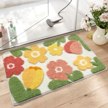 Imagem de Tapete de banheiro floral super absorvente fofo tapete antiderrapante lavável na máquina tapete de banheira macio para sala de jantar, quarto e porta de entrada (78,7 cm x 50,8 cm, flores verdes)
