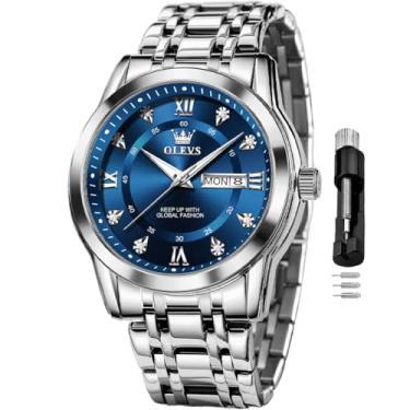 Imagem de OLEVS Relógio masculino clássico para negócios, analógico, quartzo, aço inoxidável, à prova d'água, luminoso, data, diamante, masculino, prata, relógios azuis prateados, relógio masculino