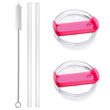 Imagem de 2 peças de tampa de copo para acessórios de copo Stanley, tampa de copo de substituição de 1,134 g, 2 canudos reutilizáveis extra longos e 1 escova de limpeza (rosa choque)
