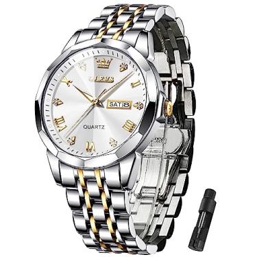 Imagem de OLEVS Relógio masculino analógico de aço inoxidável quartzo para homens com data de dia diamante vestido à prova d'água luxo casual rosto grande azul/preto/ouro/prata relógio de pulso masculino, Dourado, branco, round, relógio impermeável masculino