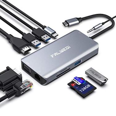 Imagem de Hub USB C, adaptador tipo C, dongle Falwedi 10 em 1 com Ethernet, 4K @ 30Hz HDMI, VGA, 3 USB 3.0, leitor de cartão SD/TF, áudio, USB-C PD 3.0, compatível com MacBook Air Pro e outros laptops tipo C