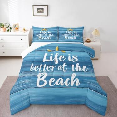 Imagem de jejeloiu Conjunto de edredom de praia havaiana, estrela-do-mar, tamanho solteiro, tábua de madeira, azul, casa de fazenda, quarto, decoração de casa, verão, oceano, mar, mar, marinho, costa, todas as