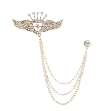 Imagem de coadipress Coroa com corrente suspensa broche para mulheres homens elegantes cavalheiros ouro prata cristal coroa lapela broche vintage strass casamento terno camisa pin acessórios, Middle, Liga de
