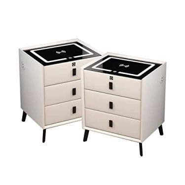 Imagem de Mesa de cabeceira inteligente, armário de cabeceira com gavetas, mesa de cabeceira de LED maciça, mesa de cabeceira branca com 3 gavetas, mesa de cabeceira com estação de carregamento, mesa moderna