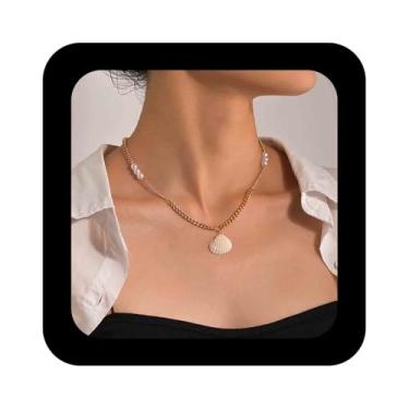 Imagem de Erimberate Colar gargantilha de concha de pérola boêmia, colar com pingente de concha de ouro, colar de metal com elos de amêijoa, colar redondo de pérola e vieira, joias femininas, Zinco, Sem Pedra