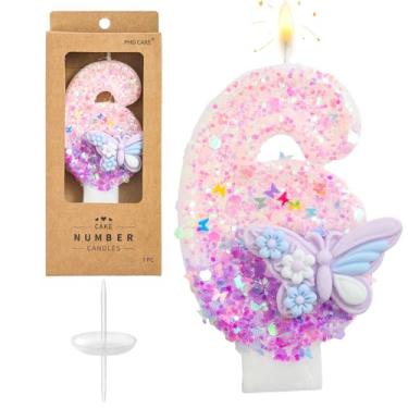 Imagem de PHD CAKE Número 6 velas de aniversário de borboleta roxa, velas com número de borboleta, velas com número de bolo, celebração de festa