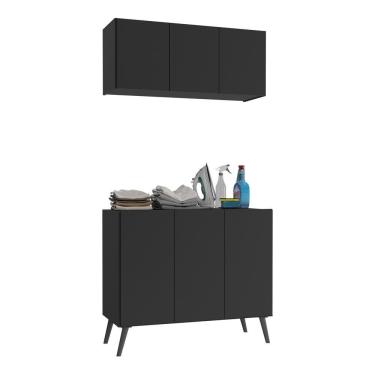 Imagem de Conjunto Lavanderia Retrô Multiuso Armário Aéreo E Balcão Mp5050 Preto Preto