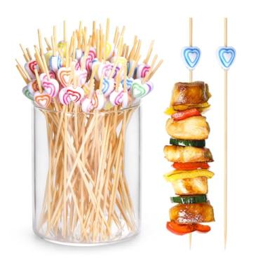 Imagem de JtmyAota 100 palitos de dente extravagantes para aperitivos, palitos de coquetel de 12 cm para decoração de festa, espetos de aperitivo de bambu para charcutaria, sanduíche, hambúrgueres, bebidas de