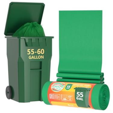 Imagem de Forros de sacos de lixo compostáveis de 55-60 galões, resistente extragrosso 1,57 mil, 208,2 litros, 15 sacos, gramado, quintal e restaurante, ASTM D6400, US BPI, OK Compost Home Certified