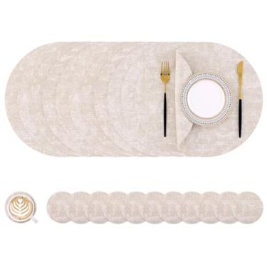 Imagem de Homaxy Jogo americano e porta-copos redondos de couro sintético, tapetes de mesa laváveis de dois lados, tapetes de jantar resistentes ao calor limpáveis para ambientes externos e internos, conjunto