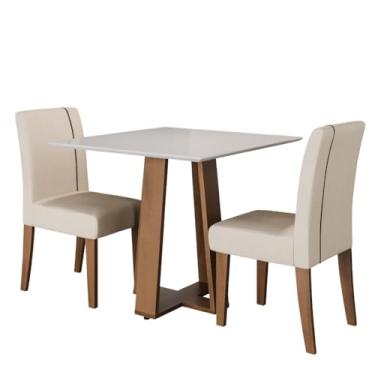 Imagem de Conjunto de Mesa Sala de Jantar Atenas com 2 Cadeiras Carvalho/off White/bege 0,90m Quadrada Dobuê