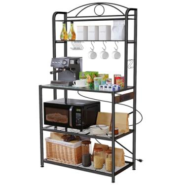 Imagem de Home Limpidity Bakers Rack para cozinha, estação de cafeteria de 84 cm de largura com tomada, prateleira de armazenamento de 5 níveis para micro-ondas com ganchos em forma de S, moldura de metal com