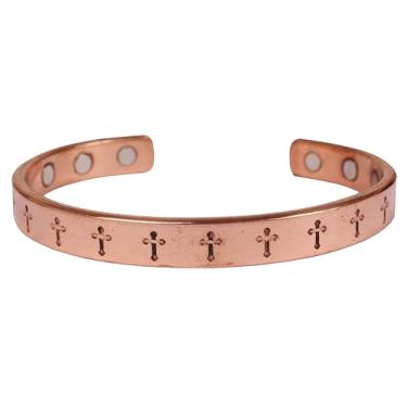 Imagem de INDTRESOR - Cruz Católica Jesus Crucificação Sacrificial - Pulseira magnética de cobre estilo tibetano. Forjado à mão com cobre puro sólido e de alto calibre.